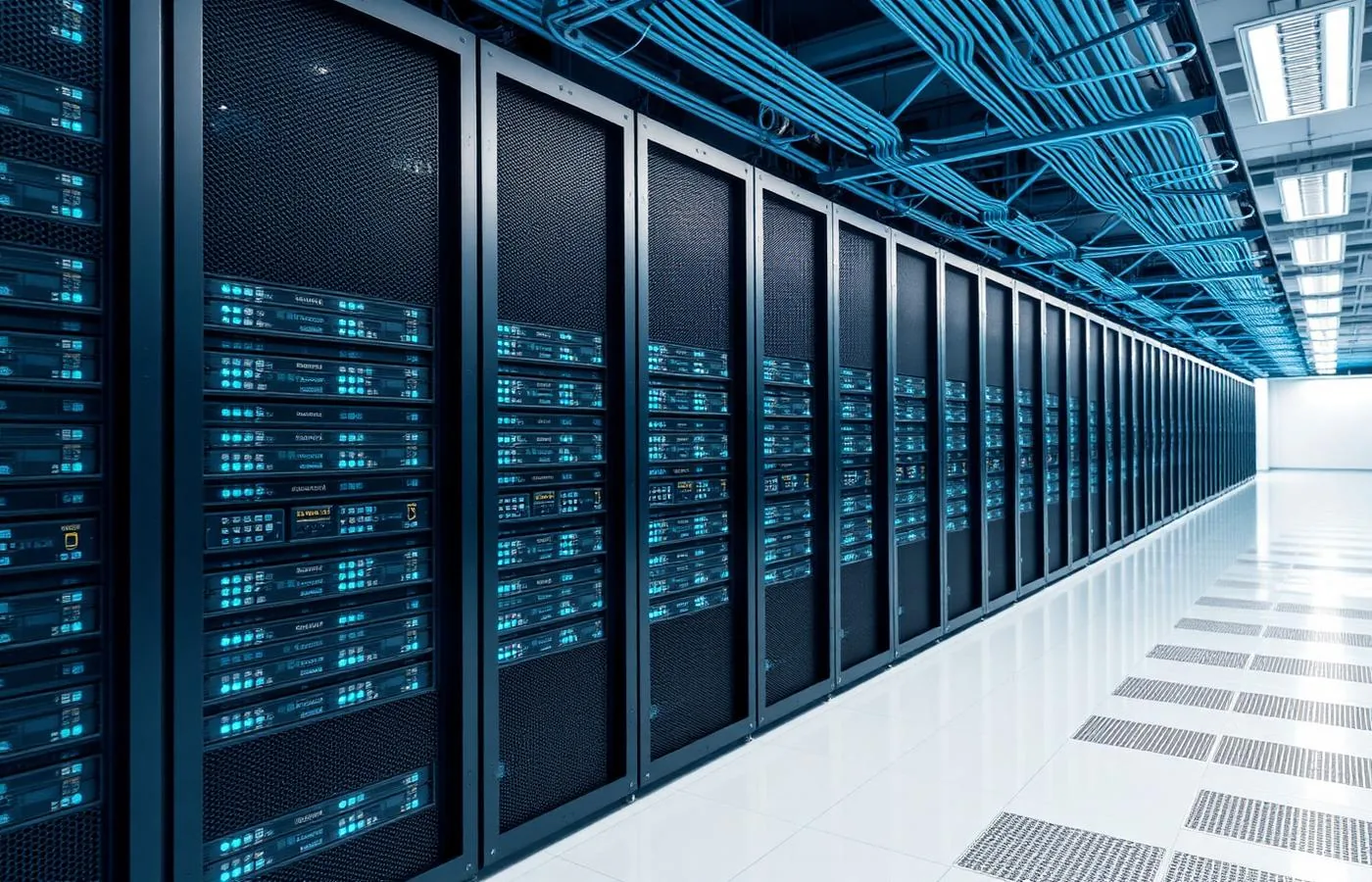 Modern cloud infrastructure with server racks and network cabling