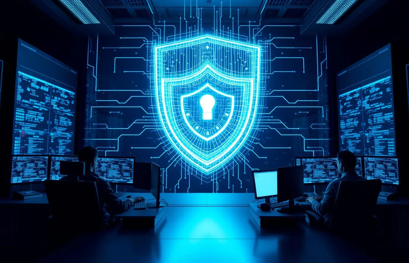 Cybersecurity operations room with analysts monitoring secure digital systems