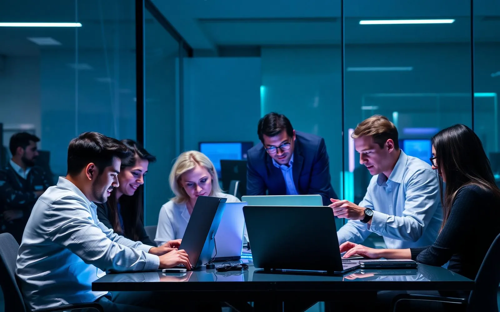Professional IT team collaborating around laptops in a modern office